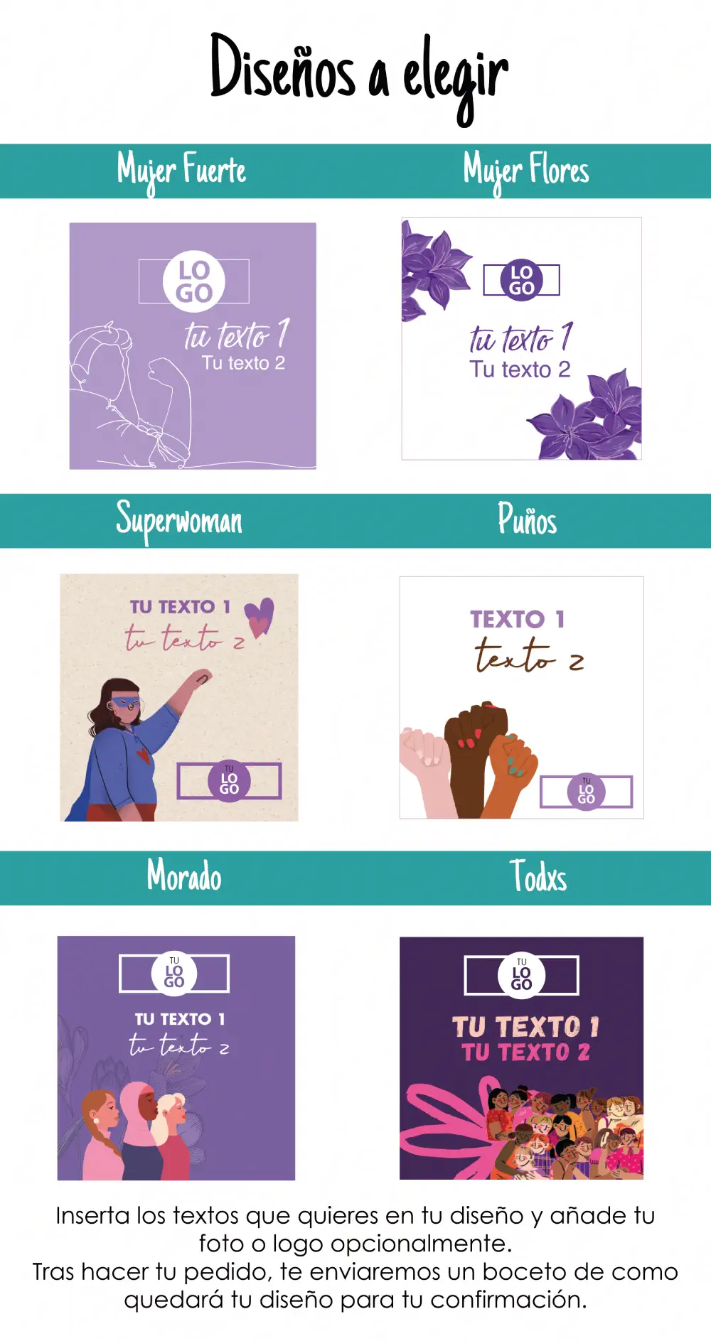 size chart diseños cuadrados día de la mujer 8M